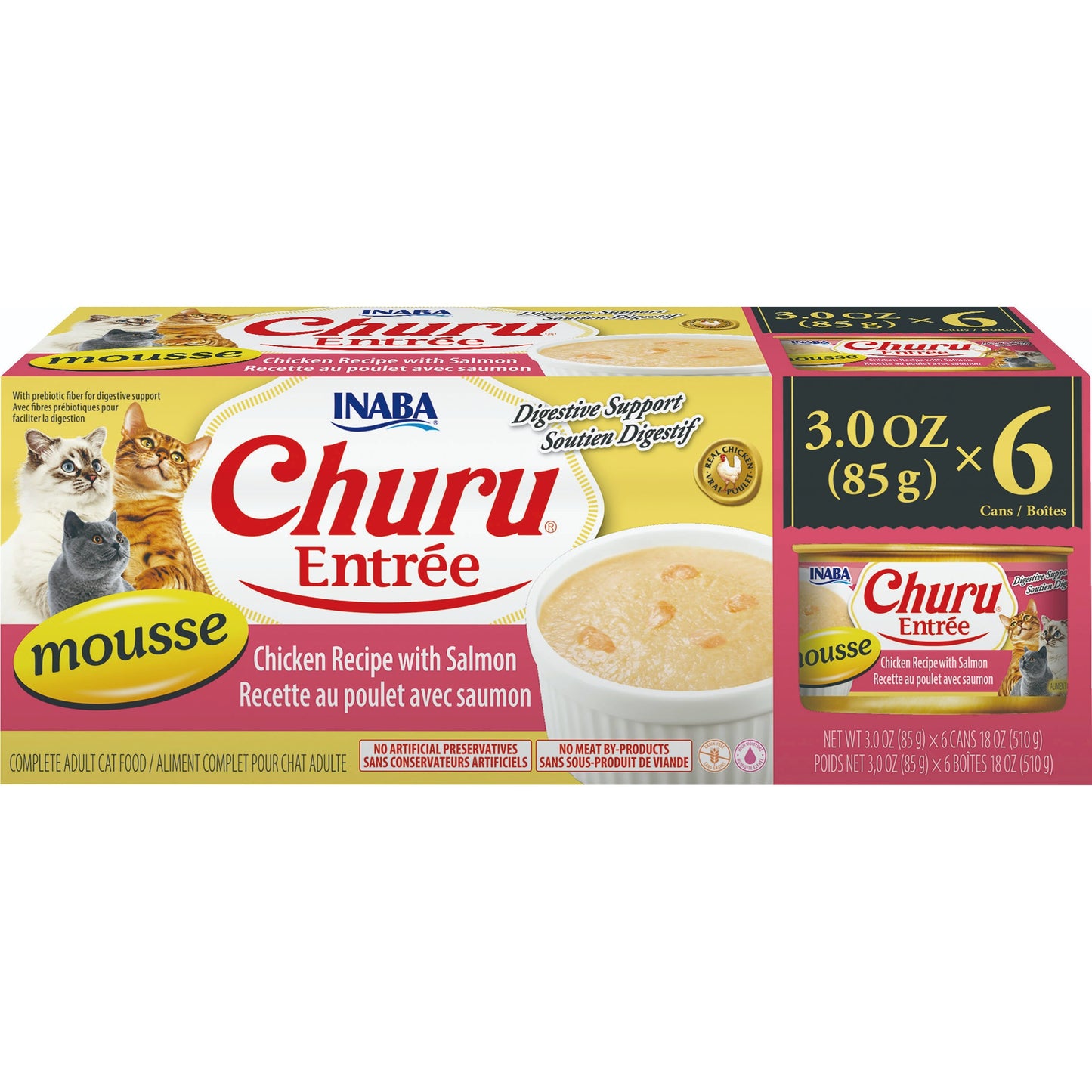 INABA Cat Complete and Balanced Wet Food Churu Entrée Mousse Chicken Recipe with Salmon Multi Pack Can 85g x 6