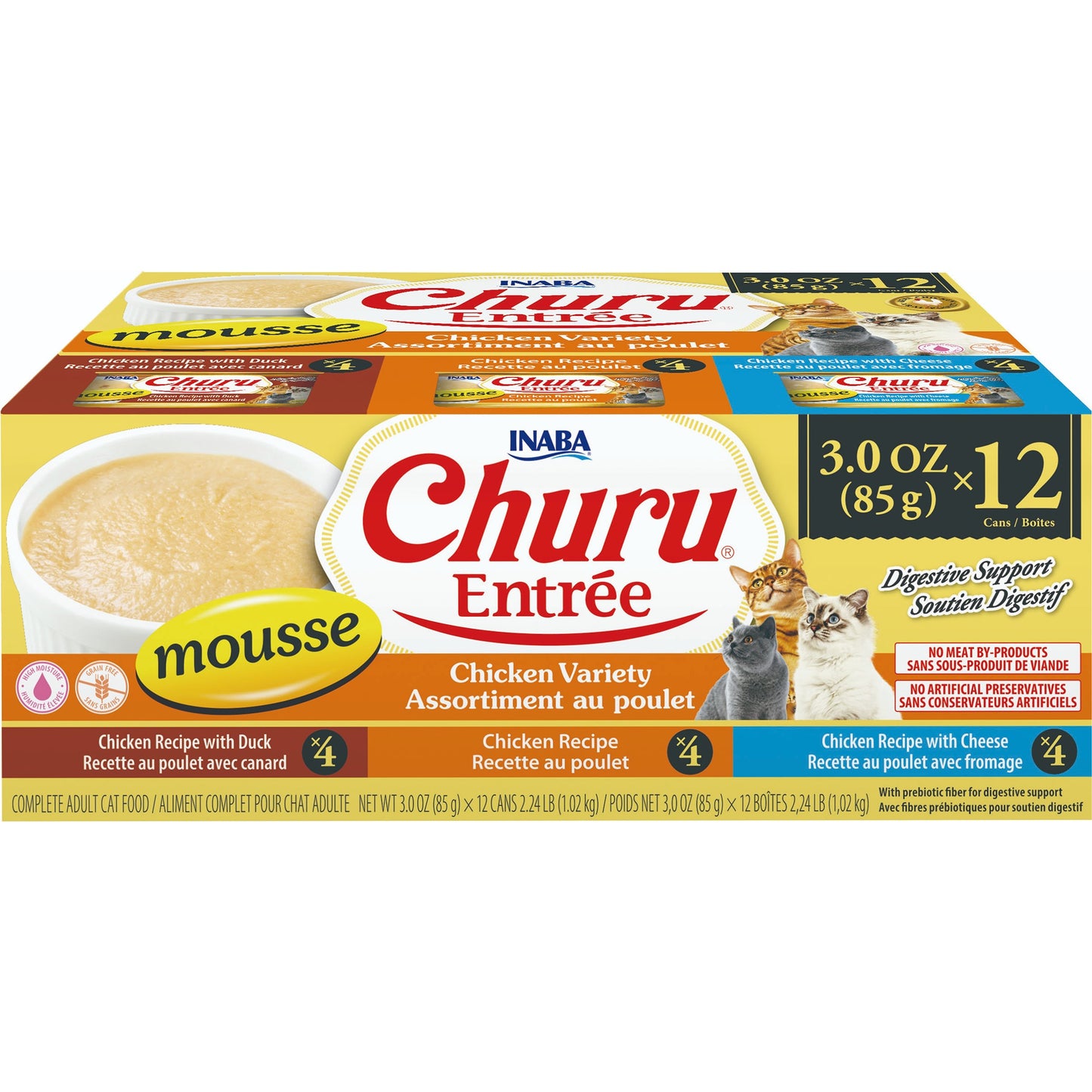 INABA Cat Complete and Balanced Wet Food Churu Entrée Mousse Chicken Variety Multi Pack Can 85g x 12