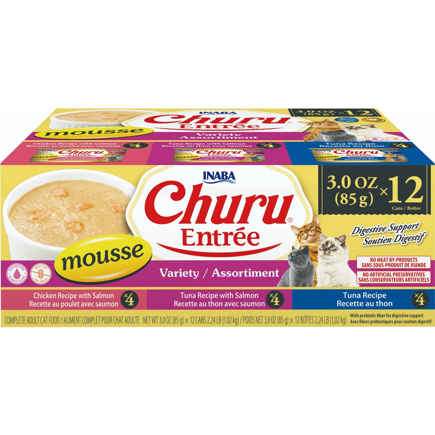 INABA Cat Complete and Balanced Wet Food Churu Entrée Mousse Mixed Variety Multi Pack Can 85g x 12