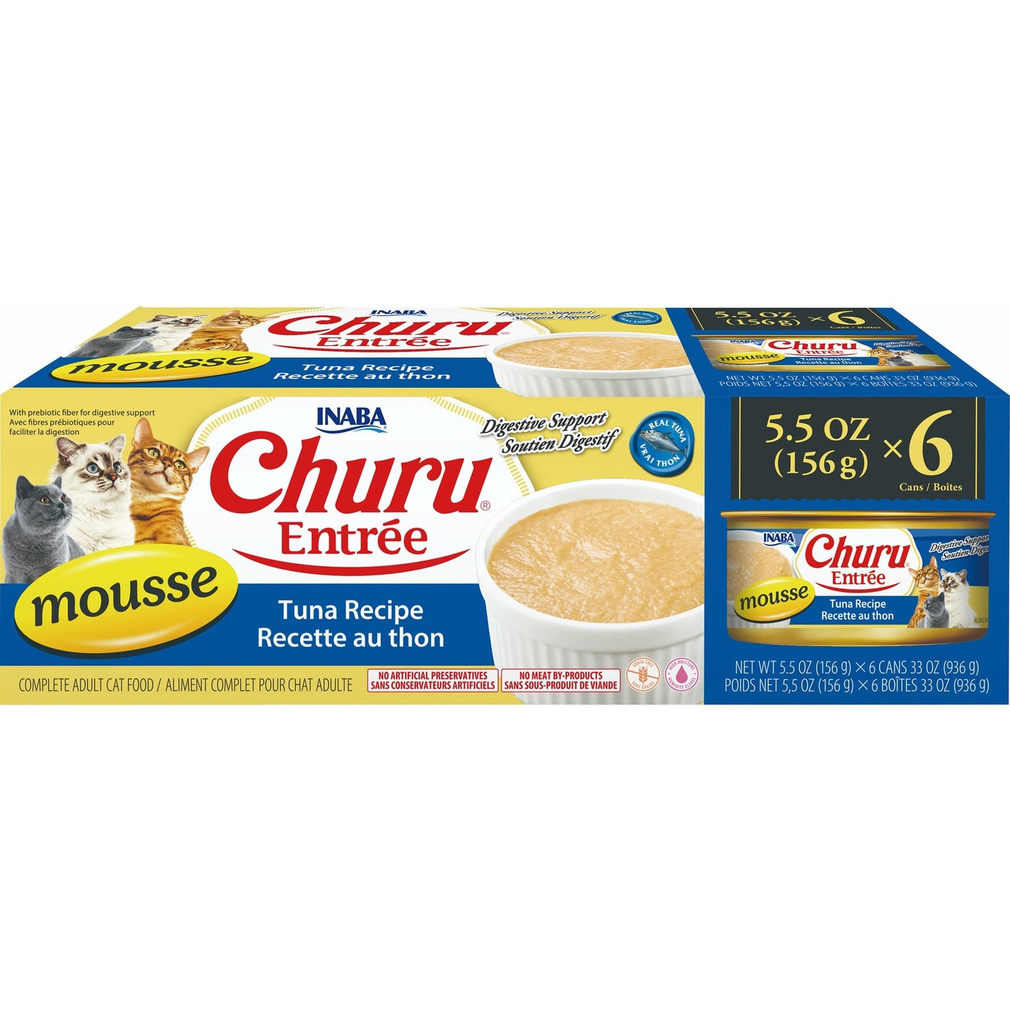 INABA Cat Complete and Balanced Wet Food Churu Entrée Mousse Tuna Recipe Multi Pack Can 156g x 6