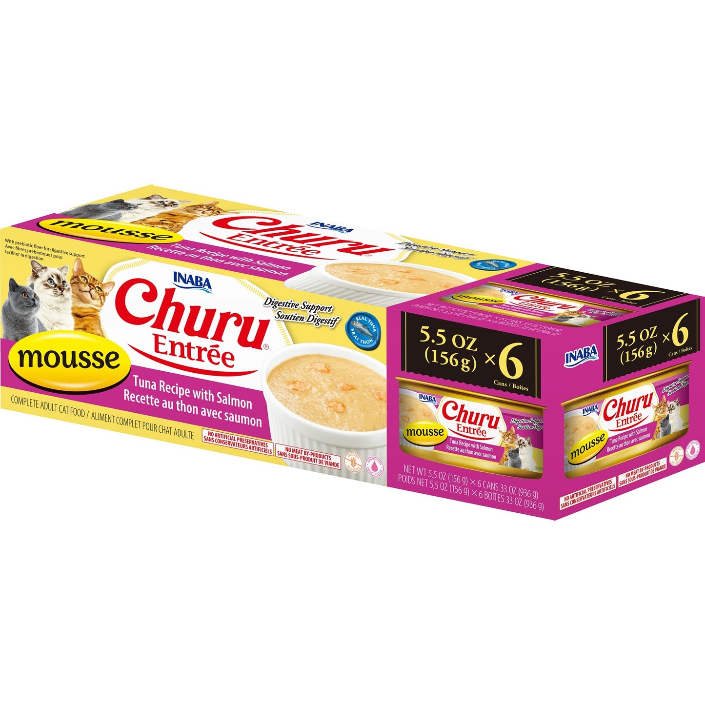 INABA Cat Complete and Balanced Wet Food Churu Entrée Mousse Tuna Recipe with Salmon Multi Pack Can 156g x 6