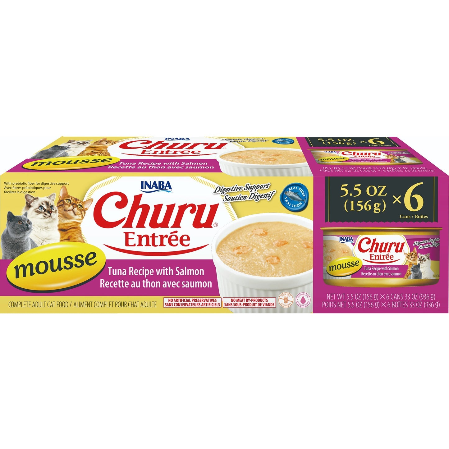 INABA Cat Complete and Balanced Wet Food Churu Entrée Mousse Tuna Recipe with Salmon Multi Pack Can 156g x 6