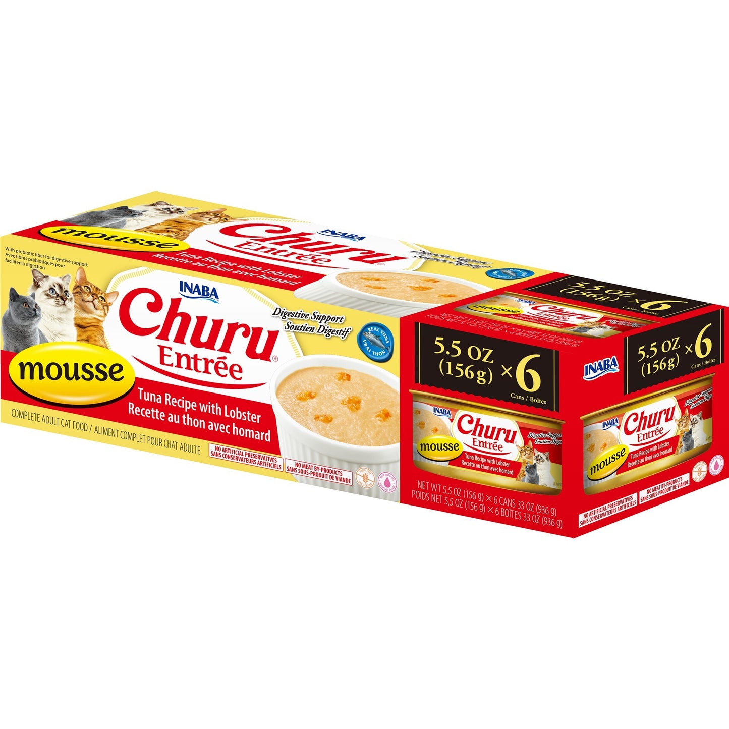 INABA Cat Complete and Balanced Wet Food Churu Entrée Mousse Tuna Recipe with Lobster Multi Pack Can 156g x 6