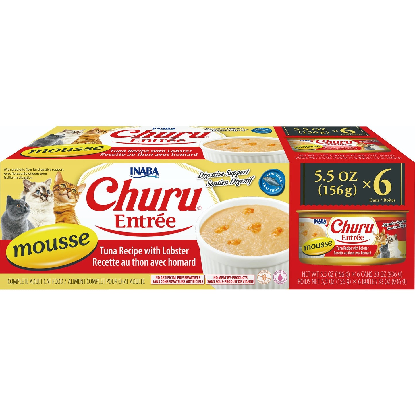 INABA Cat Complete and Balanced Wet Food Churu Entrée Mousse Tuna Recipe with Lobster Multi Pack Can 156g x 6