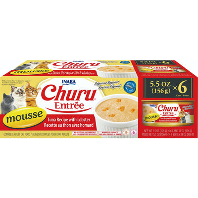 INABA Cat Complete and Balanced Wet Food Churu Entrée Mousse Tuna Recipe with Lobster Multi Pack Can 156g x 6