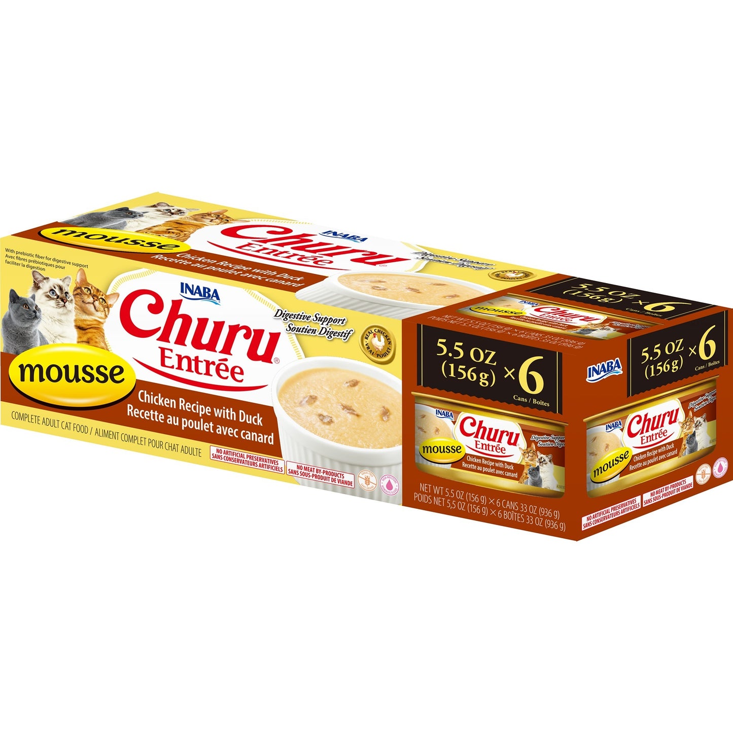 INABA Cat Complete and Balanced Wet Food Churu Entrée Mousse Chicken Recipe with Duck Multi Pack Can 156g x 6