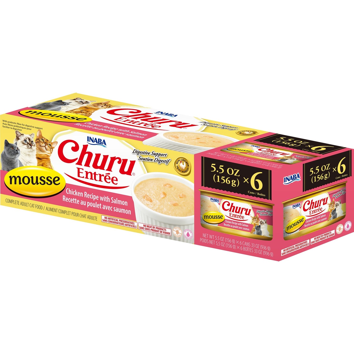 INABA Cat Complete and Balanced Wet Food Churu Entrée Mousse Chicken Recipe with Salmon Multi Pack Can 156g x 6