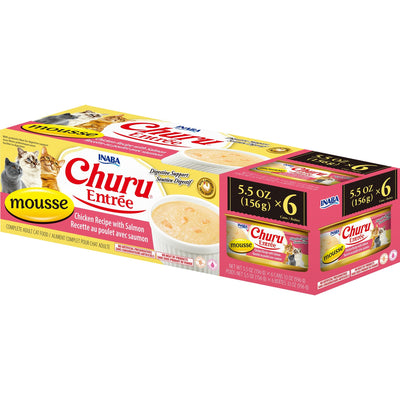 INABA Cat Complete and Balanced Wet Food Churu Entrée Mousse Chicken Recipe with Salmon Multi Pack Can 156g x 6