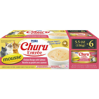 INABA Cat Complete and Balanced Wet Food Churu Entrée Mousse Chicken Recipe with Salmon Multi Pack Can 156g x 6
