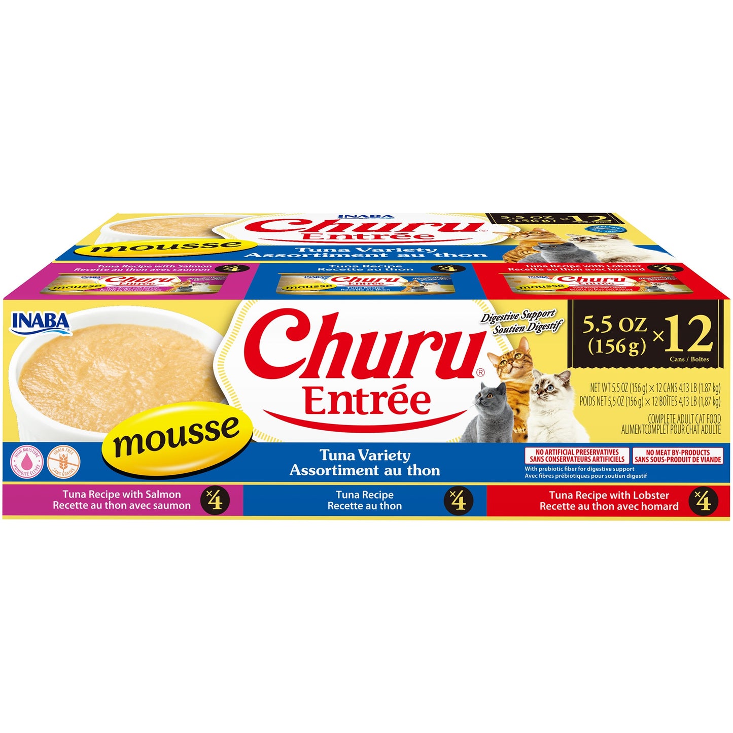 INABA Cat Complete and Balanced Wet Food Churu Entrée Mousse Tuna Variety Multi Pack Can 156g x 12