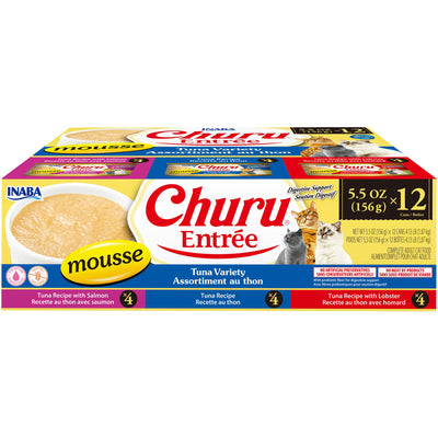 INABA Cat Complete and Balanced Wet Food Churu Entrée Mousse Tuna Variety Multi Pack Can 156g x 12