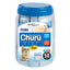 A clear plastic container with blue lid labeled INABA Churu Diet, featuring images of cats and text indicating the product is a tuna and chicken flavored appetite stimulant for cats.