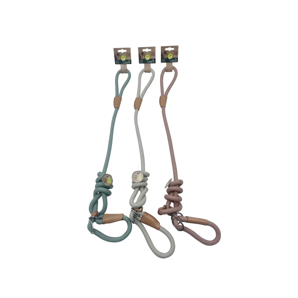 Three dog leashes with knotted designs on a white background