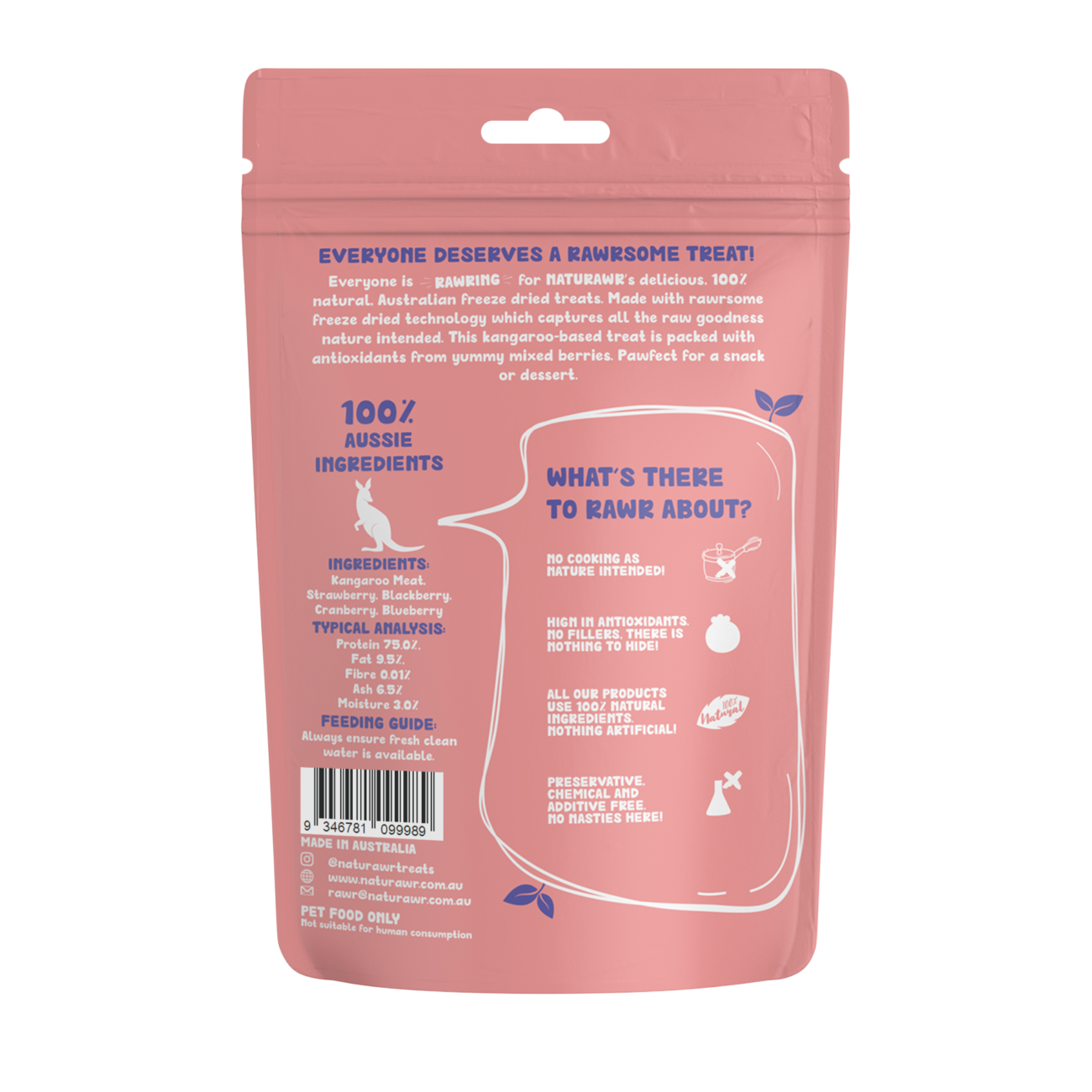Naturawr Freeze-Dried Dog Treats Very Berry with Kangaroo 50g