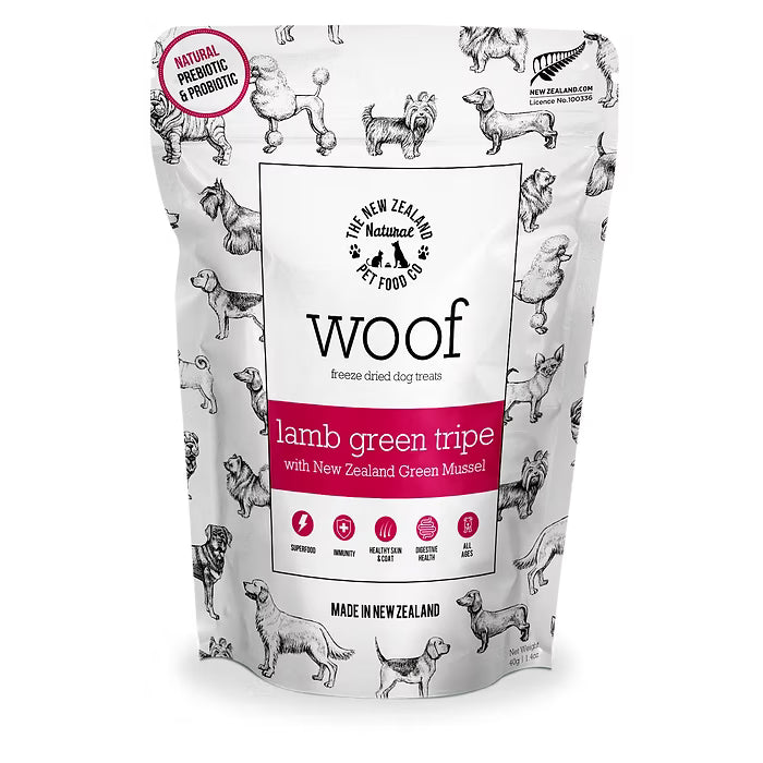 The New Zealand Natural Woof Freeze Dried Dog Treat Lamb Green Tripe 40g