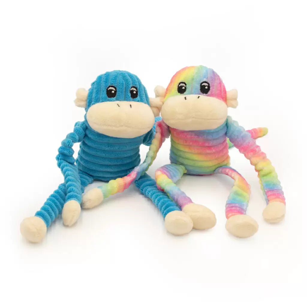 Zippypaws Plush Toys For Dog Spencer the Crinkle Monkey – 2Pack Small Rainbow and Blue
