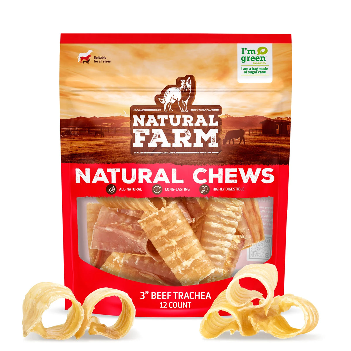 Natural Farm Dog Treat 3" Beef Trachea Chews 12Pack