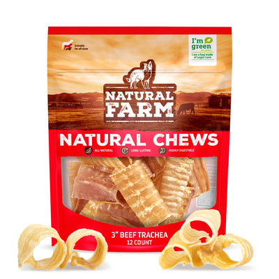 Natural Farm Dog Treat 3" Beef Trachea Chews 12Pack