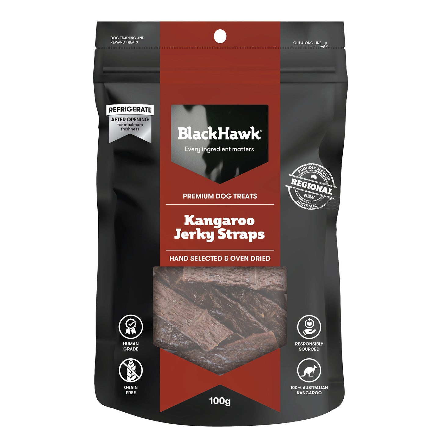 Black Hawk Dog Treats Kangaroo Jerky Straps 100g