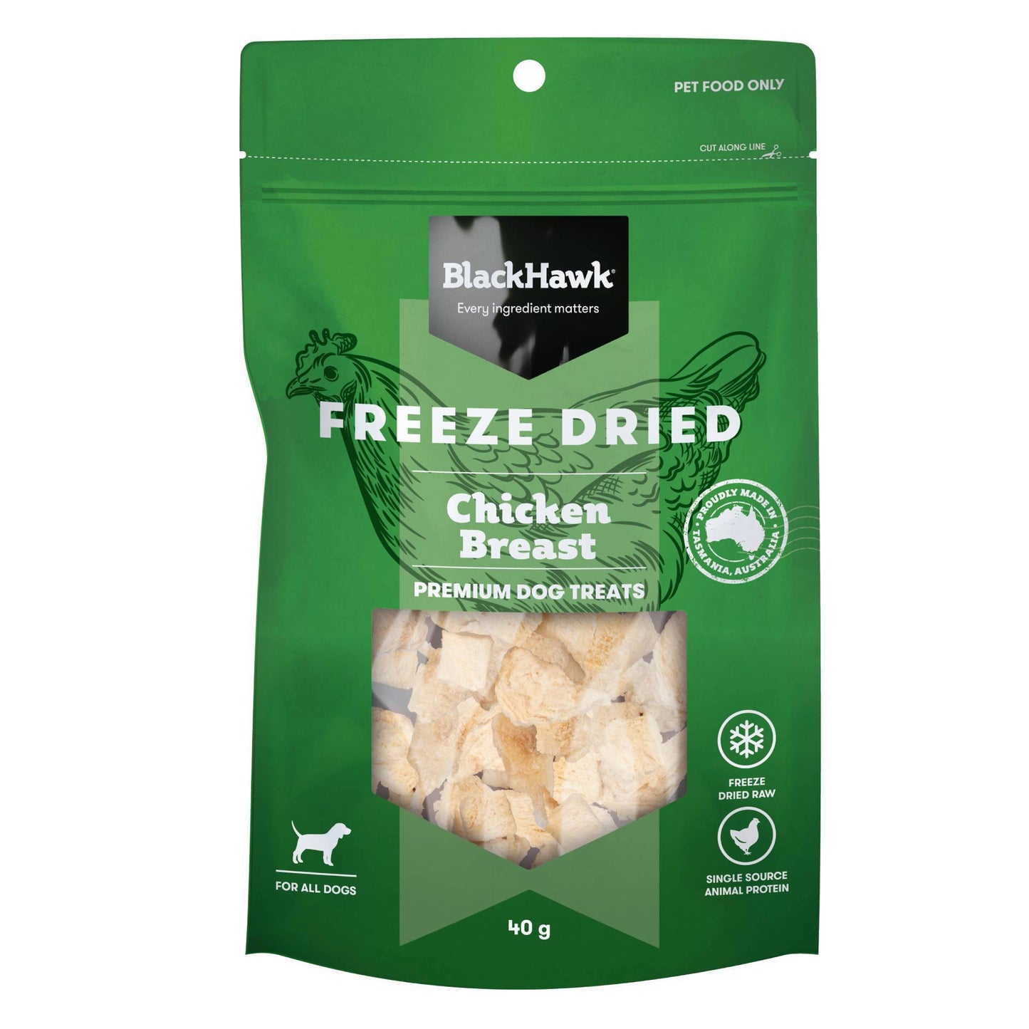 Green package of BlackHawk freeze-dried chicken breast dog treats on a white background