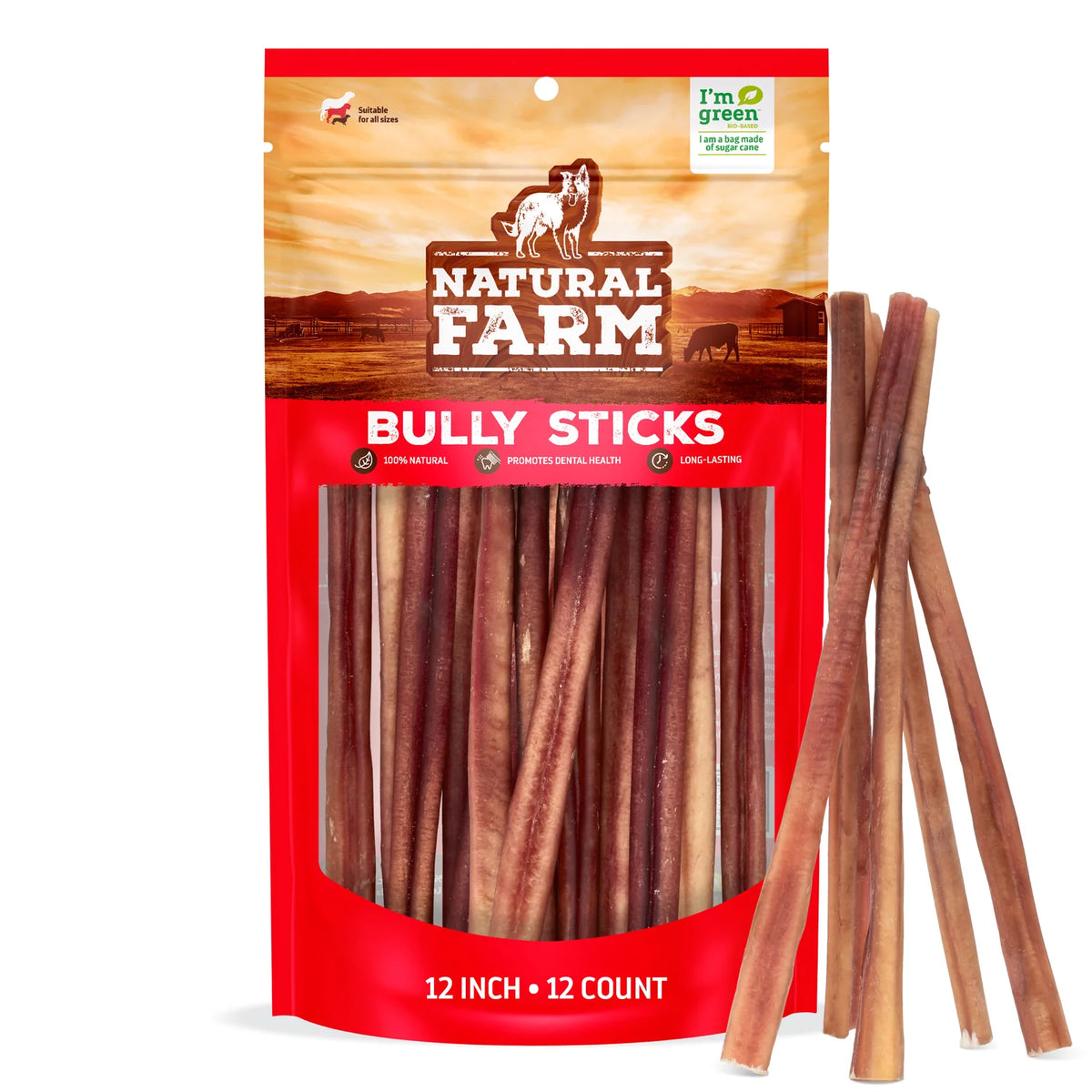 Natural Farm Dog Treat 12" Large Bully Sticks 12Pack