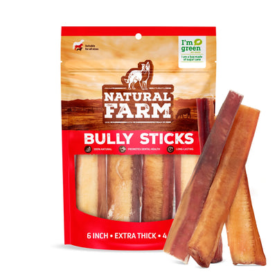 Natural Farm Dog Treat 6" Extra Thick Bully Sticks 4Pack