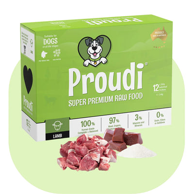 Proudi super premium raw food packaging for dogs on a white background