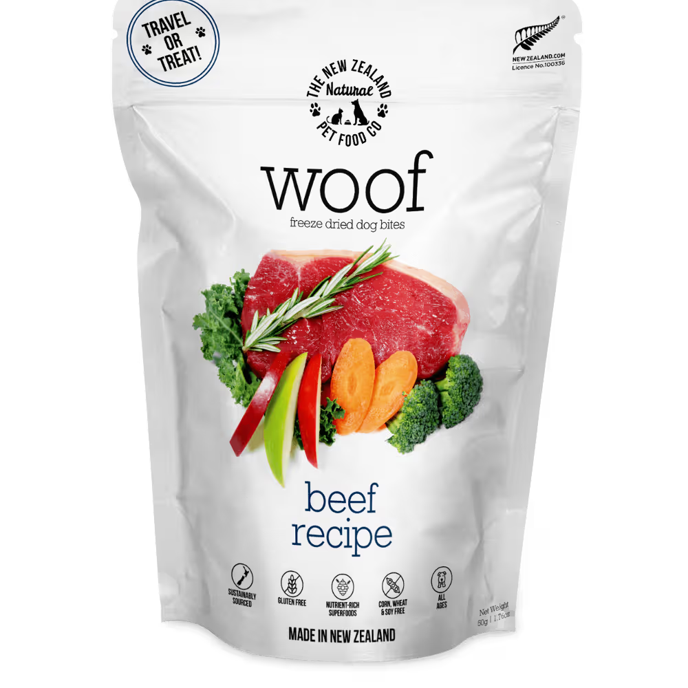 The New Zealand Natural Woof Dog Bites Freeze Dried Beef Travel Treat 50g