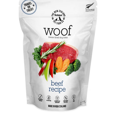 The New Zealand Natural Woof Dog Bites Freeze Dried Beef Travel Treat 50g