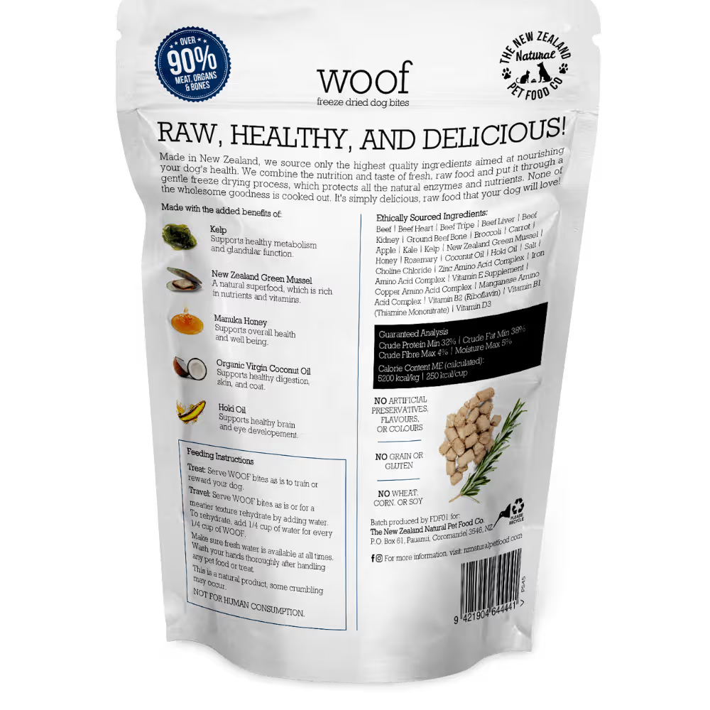 The New Zealand Natural Woof Dog Bites Freeze Dried Beef Travel Treat 50g