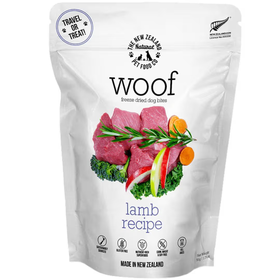 The New Zealand Natural Woof Dog Bites Freeze Dried Travel Treat Lamb 50g