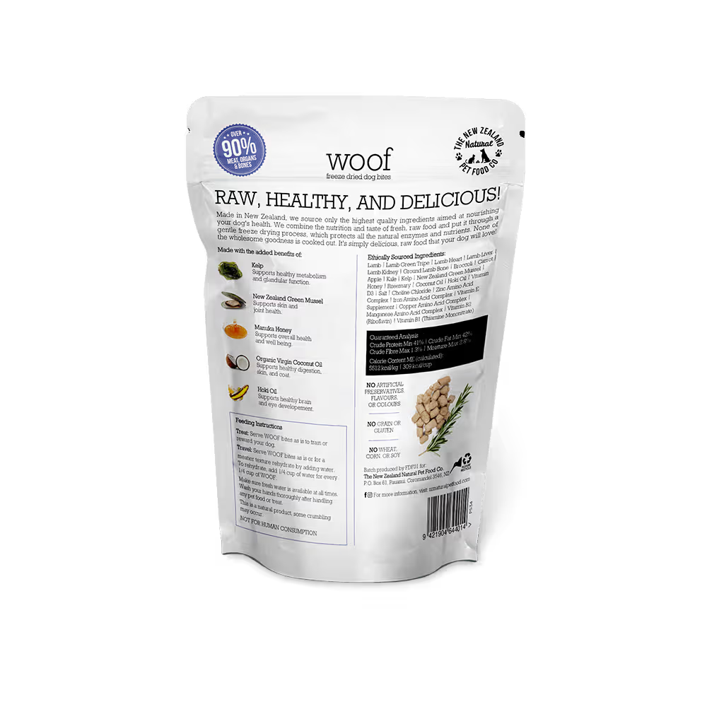 The New Zealand Natural Woof Dog Bites Freeze Dried Travel Treat Lamb 50g
