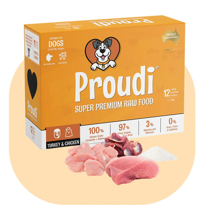 Proudi super premium raw food packaging for dogs on a white background