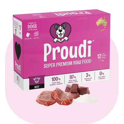 Proudi super premium raw food packaging for dogs on a pink background