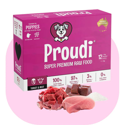 Proudi super premium raw food packaging for puppies on a pink background
