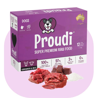 Proudi super premium raw food packaging for dogs on a white background