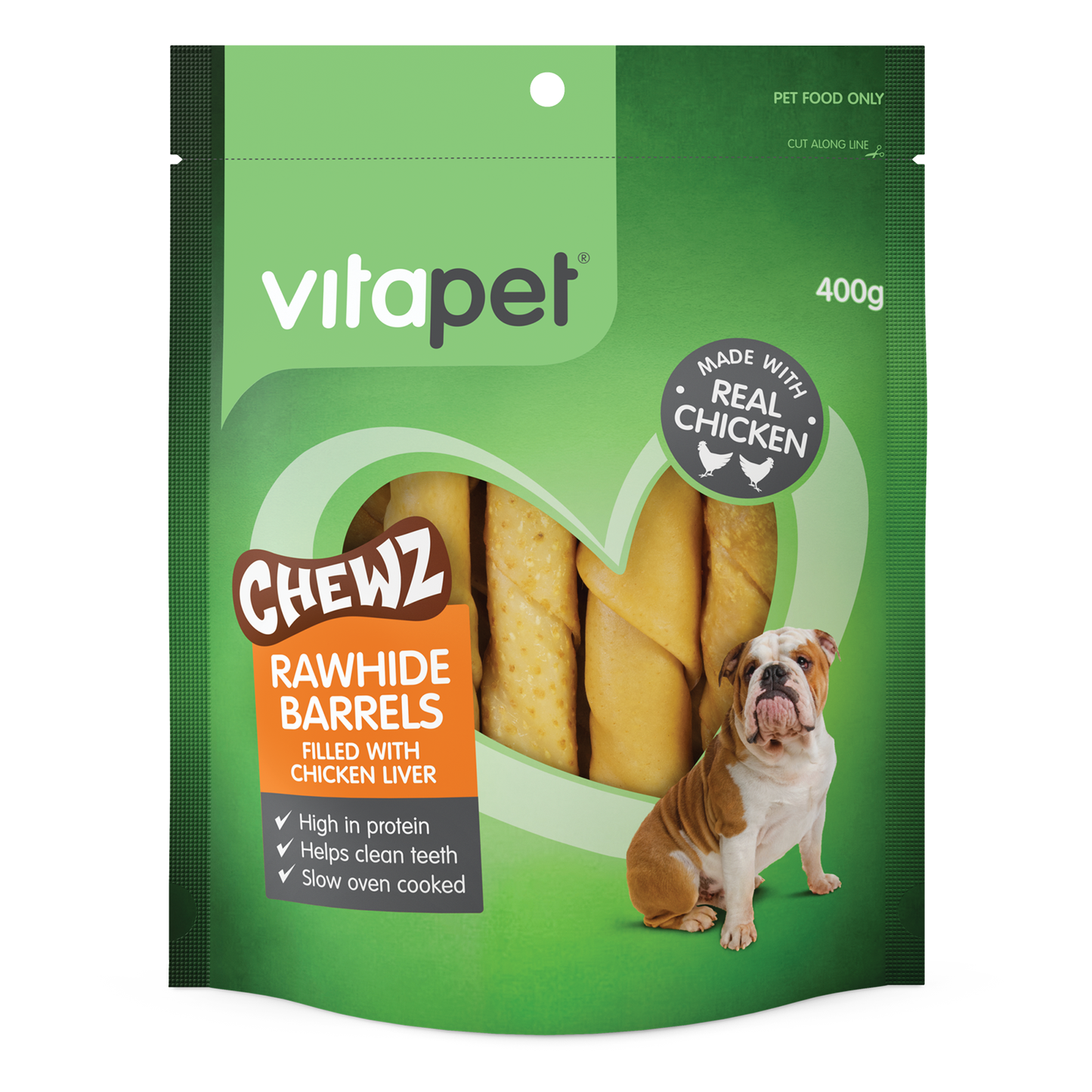 Vitapet Dog Treats Rawhide Barrels filled with Chicken Liver 400g