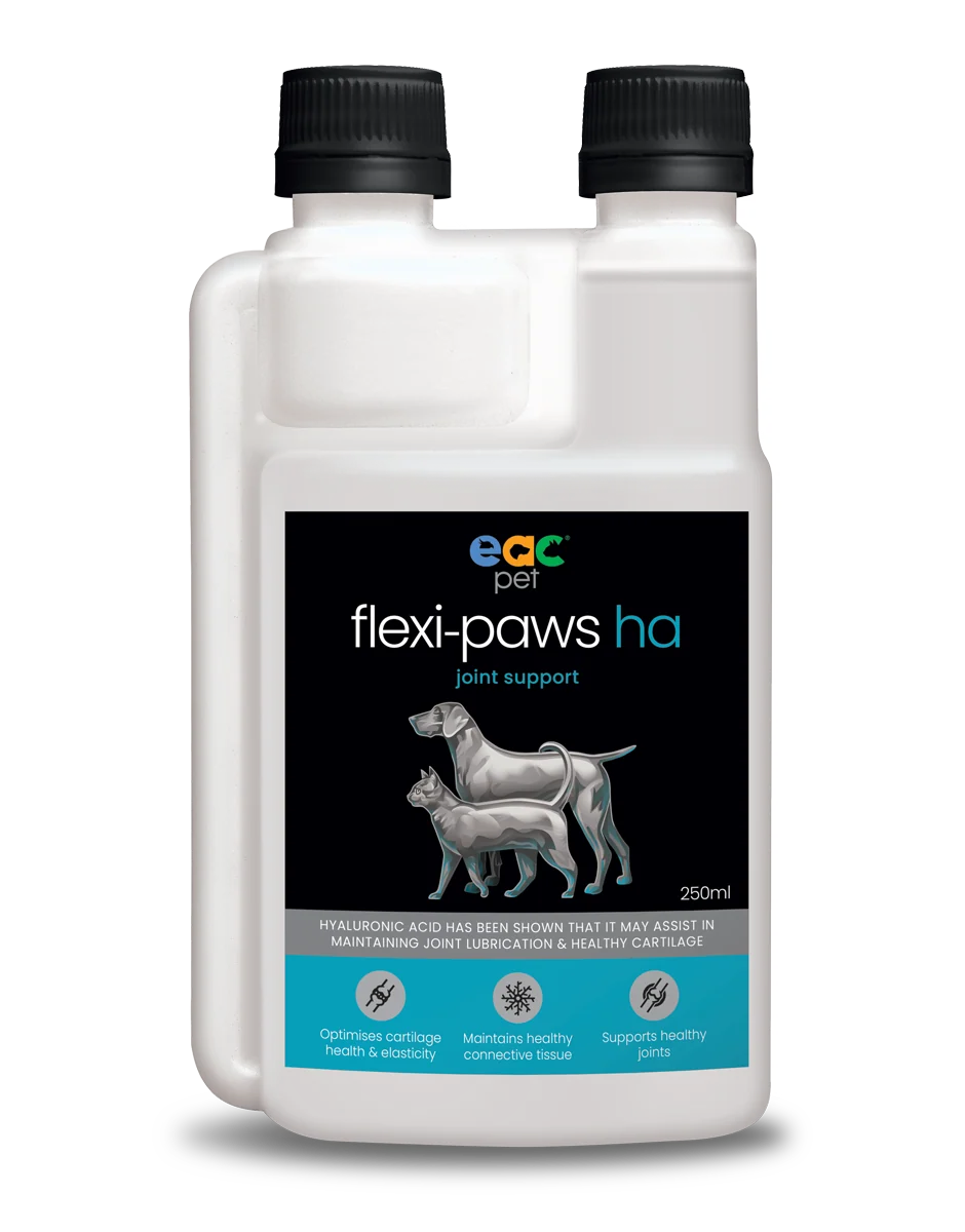 Two bottles of EVC Pet Flexi-Paws HA supplement for joint support on a white background