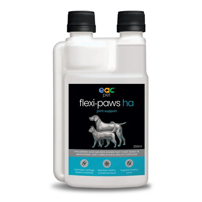 Two bottles of EVC Pet Flexi-Paws HA supplement for joint support on a white background