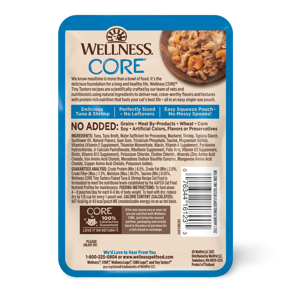 WELLNESS Core Wet Cat Food Tiny Tasters Flaked Tuna & Shrimp in Broth
